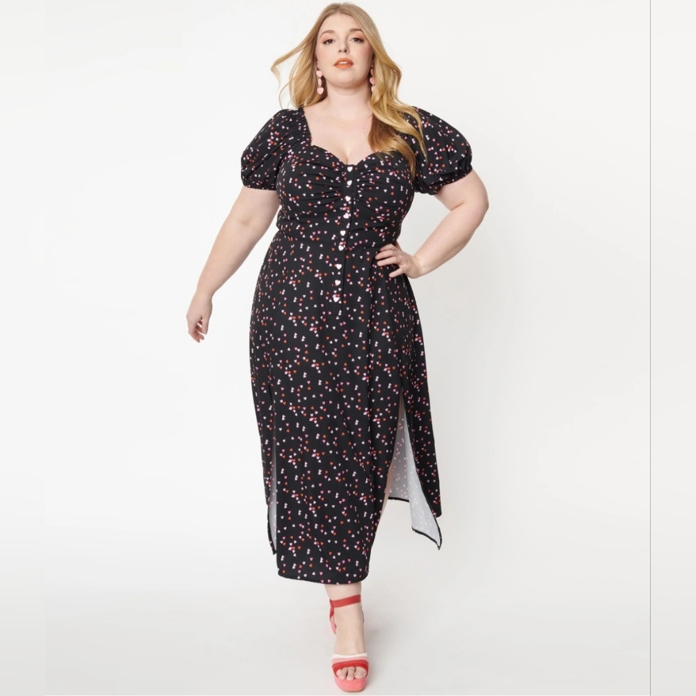 Unique Vintage Heart Print Midi Dress